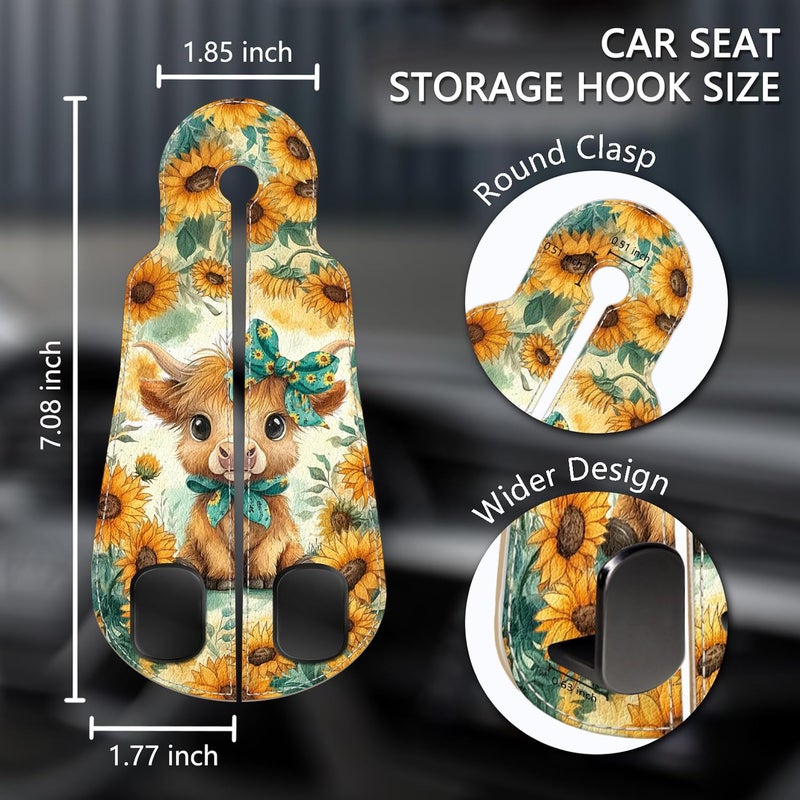 Blusabaca 2PCS Car Hooks for Purses Bags, Highland Cow Cattle Artwork Modern Seat Back Storage Headrest Holder Hanger PU Leather Double Metal Backseat Organizer, Women Car Accessories Organization - Image 5
